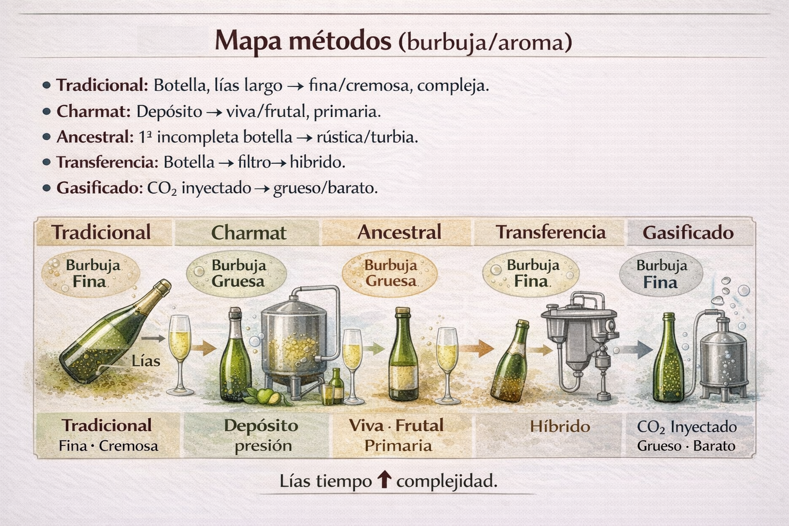 Infografía métodos espumosos: tradicional/Charmat/ancestral con burbuja y pasos