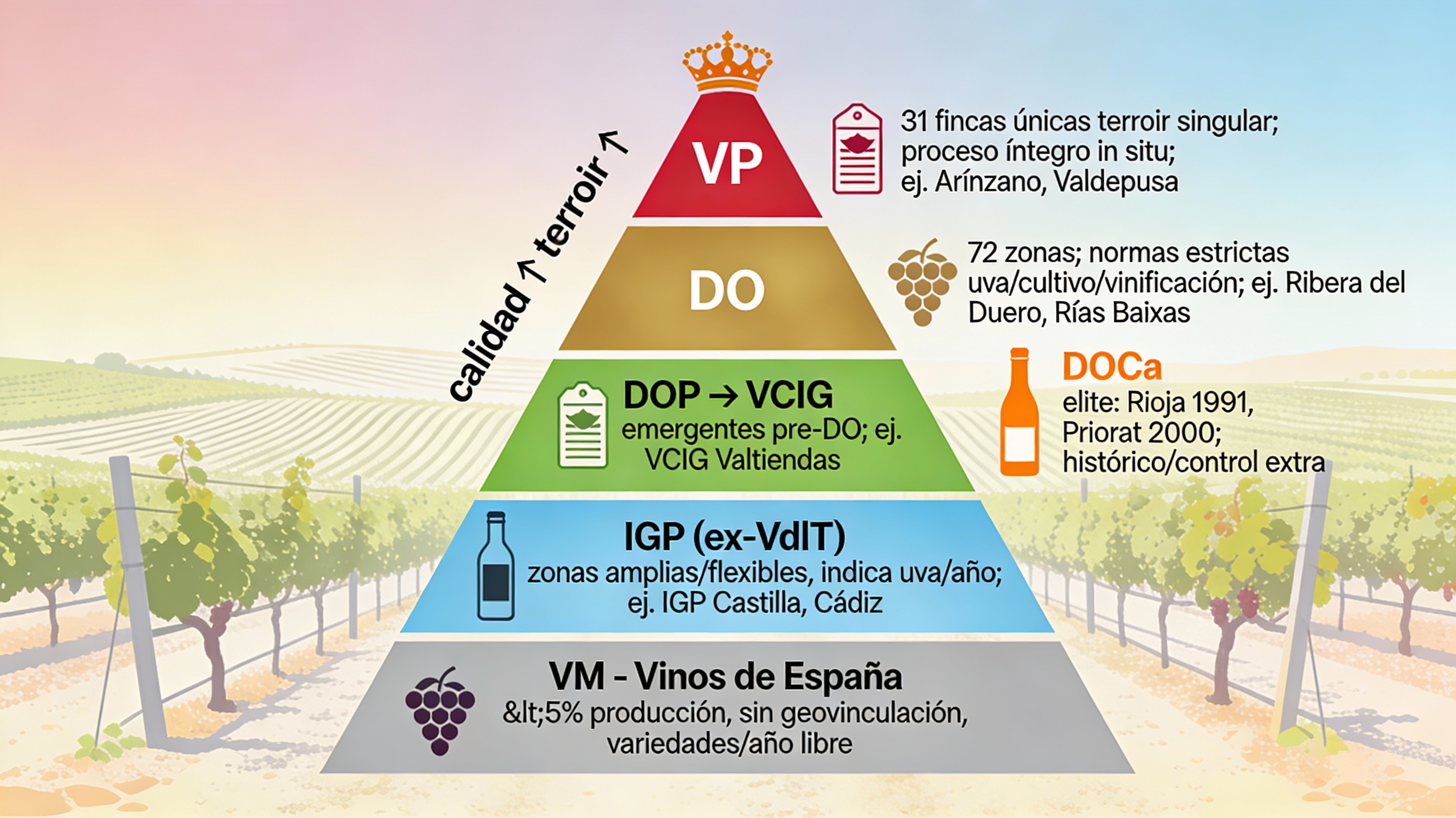 Pirámide clasificación vinos España: VM, IGP, DOP, DOCa, VP con ejemplos
