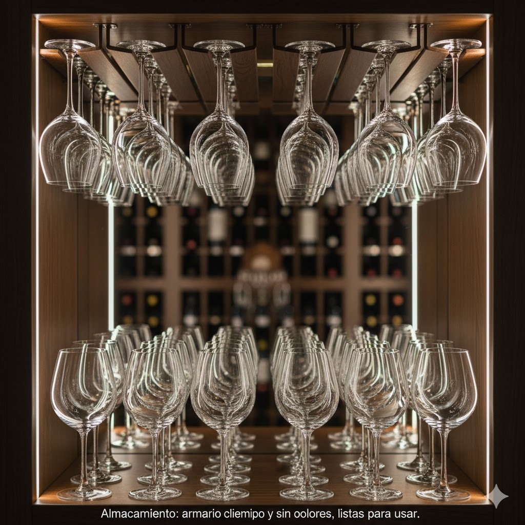 Copas de vino almacenadas en armario limpio y sin olores, listas para usar