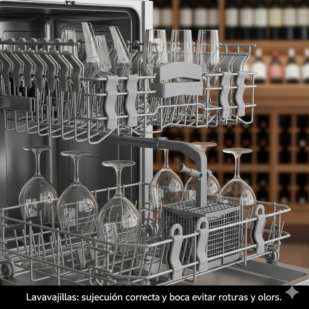 Copas de vino colocadas en lavavajillas con sujeción correcta para evitar roturas y olores