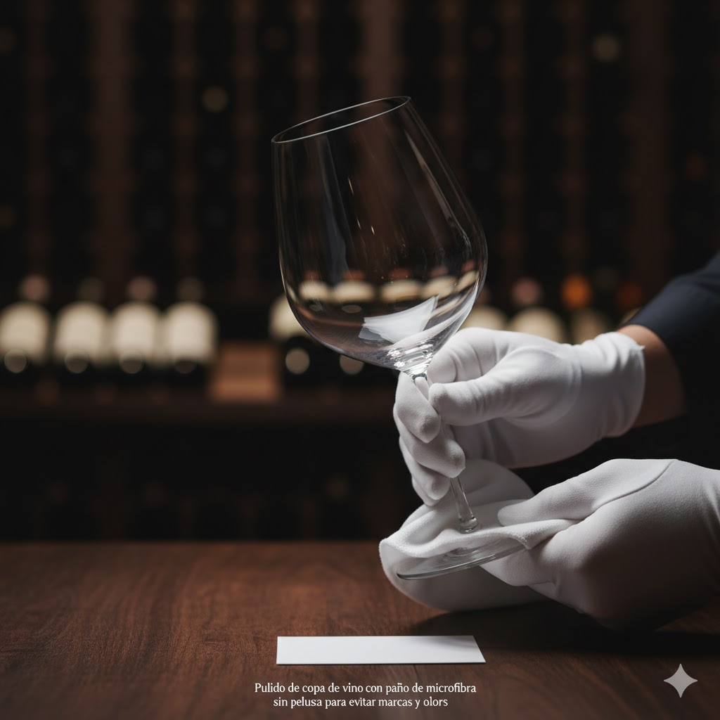 Pulido de copa de vino con paño de microfibra sin pelusa para evitar marcas y olores