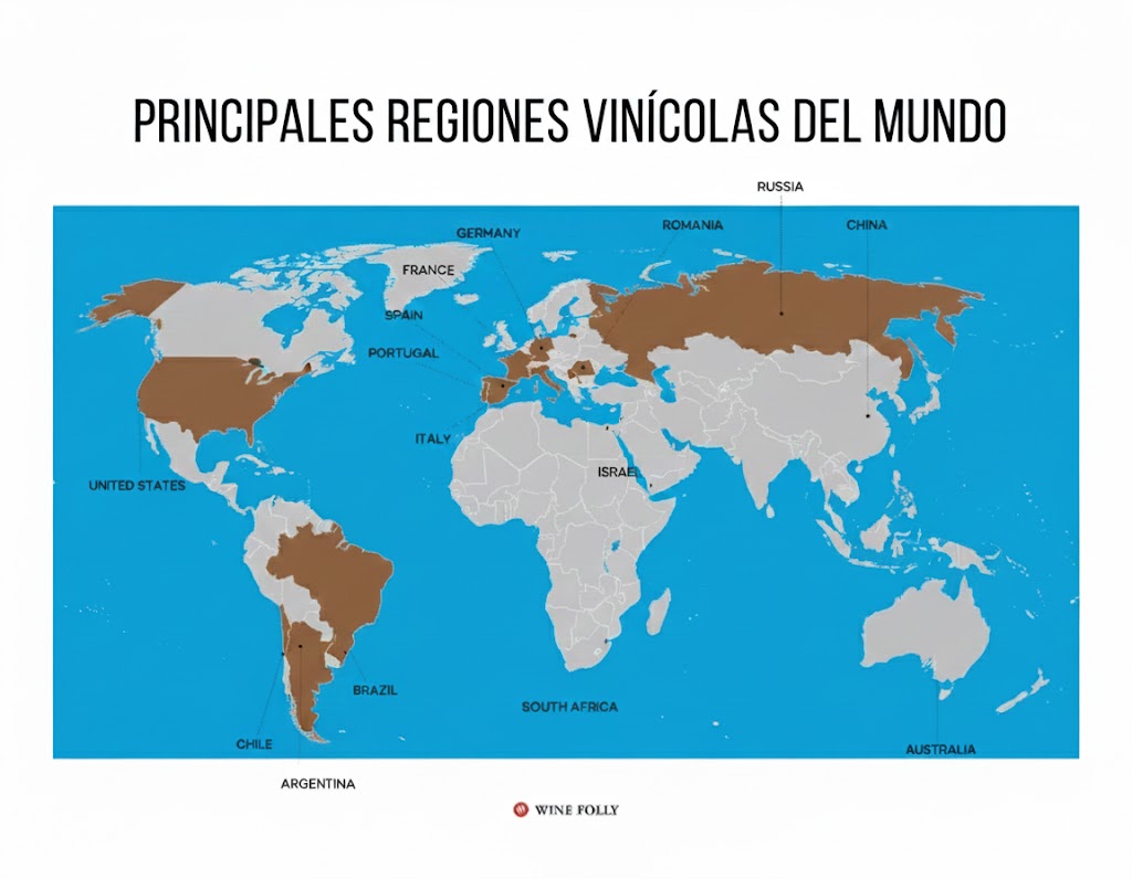 Mapa mundial orientativo de las principales regiones vinícolas