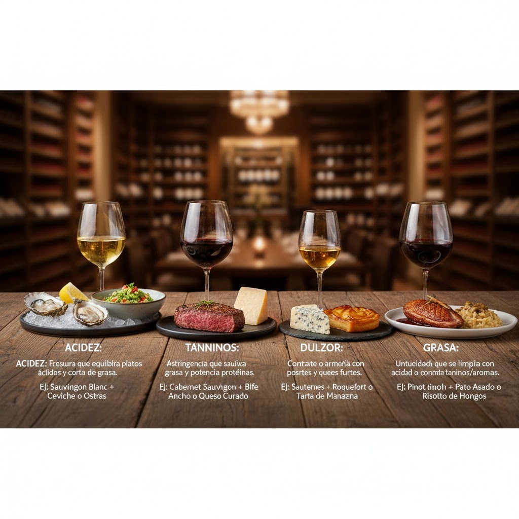 Qué pasa en boca al maridar vino: acidez, tanino, alcohol, dulzor y umami