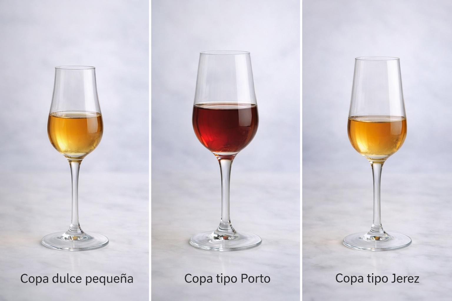 Tipos de copas para vinos dulces y fortificados: copa dulce pequeña, copa tipo Porto y copa de Jerez para generosos