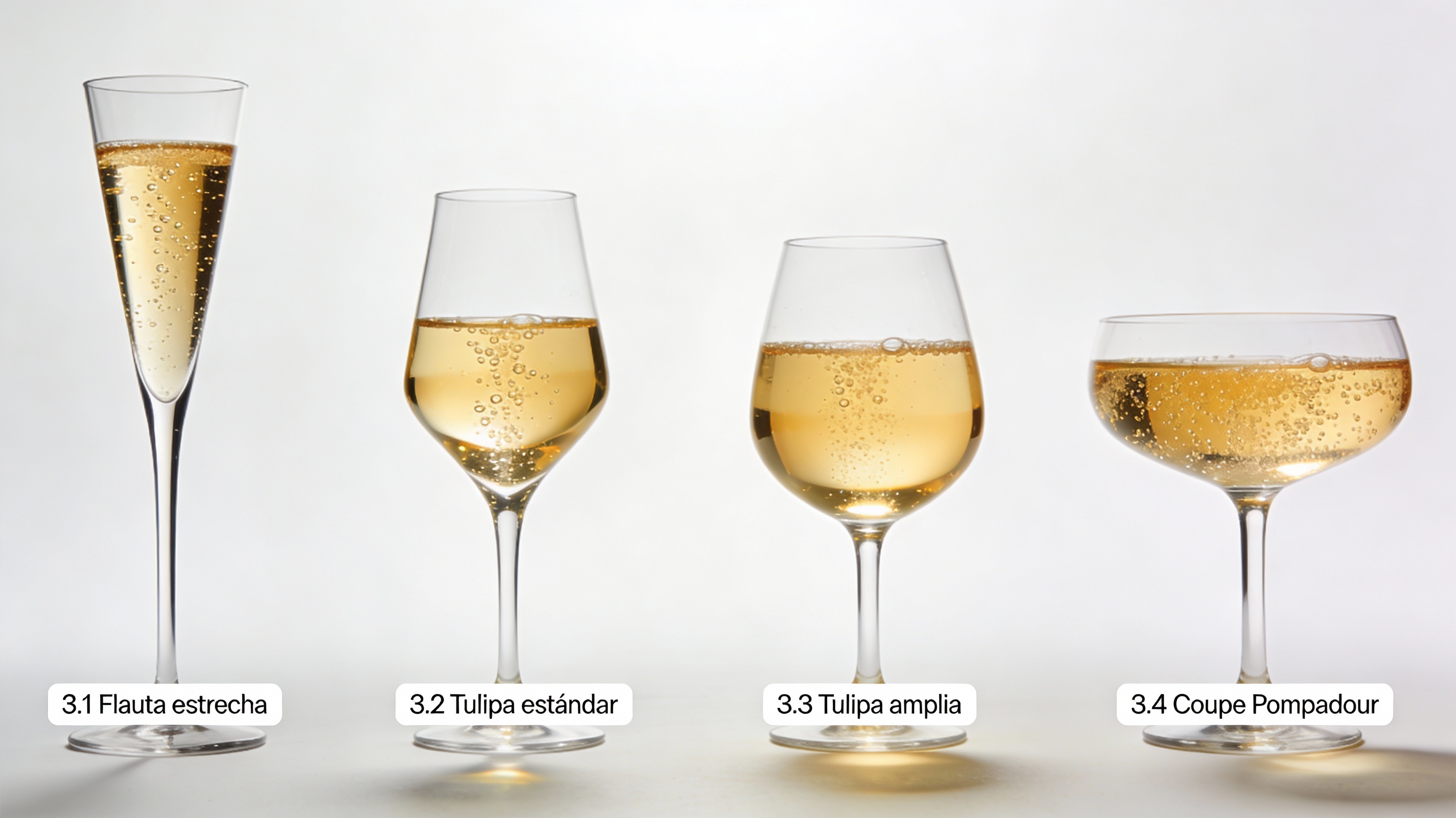 Tipos de copas para espumoso: flauta estrecha, tulipa estándar, tulipa más amplia y copa coupe (Pompadour)