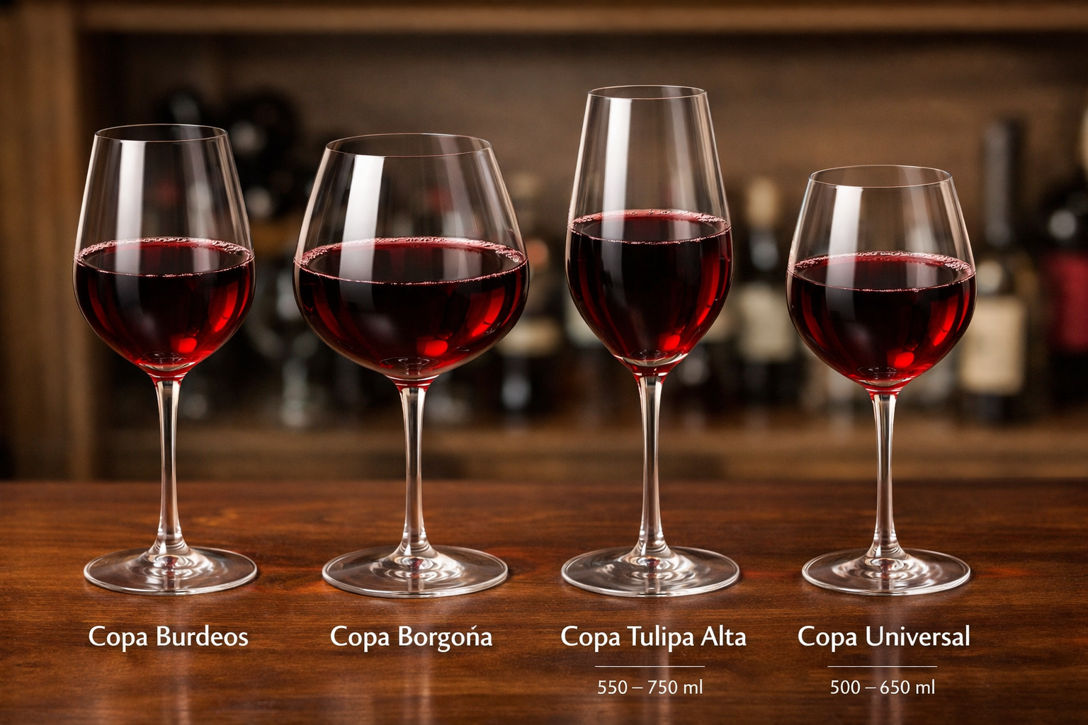 Copas de vino tinto comparadas por geometría: Burdeos, Borgoña, tulipa alta y copa universal, mostrando cómo la forma del cáliz influye en aromas, tanino y percepción del alcohol