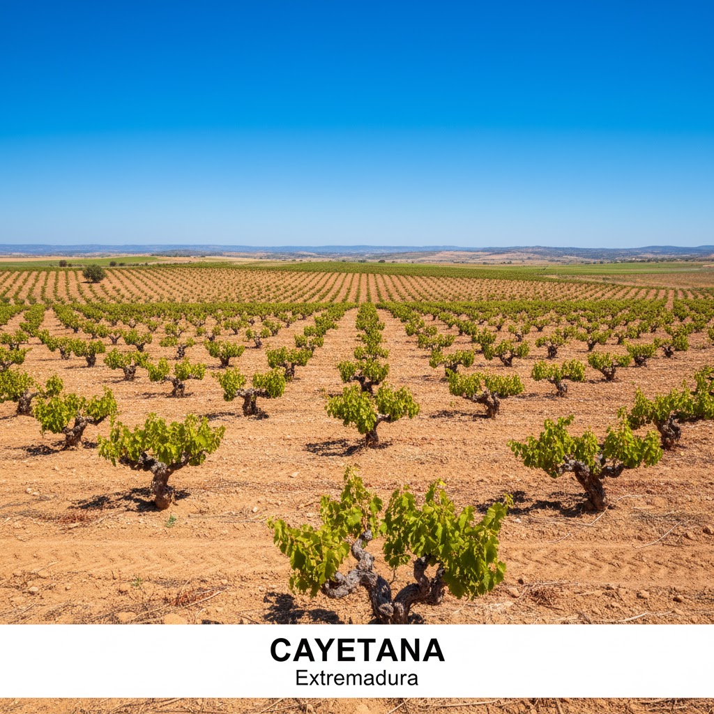 Paisaje infinito de viñedos en vaso de Cayetana bajo cielo azul extremeño
