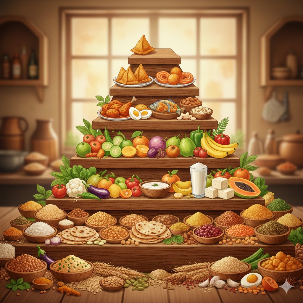 Pirámide alimentaria india con base de cereales y legumbres y dulces en la cima