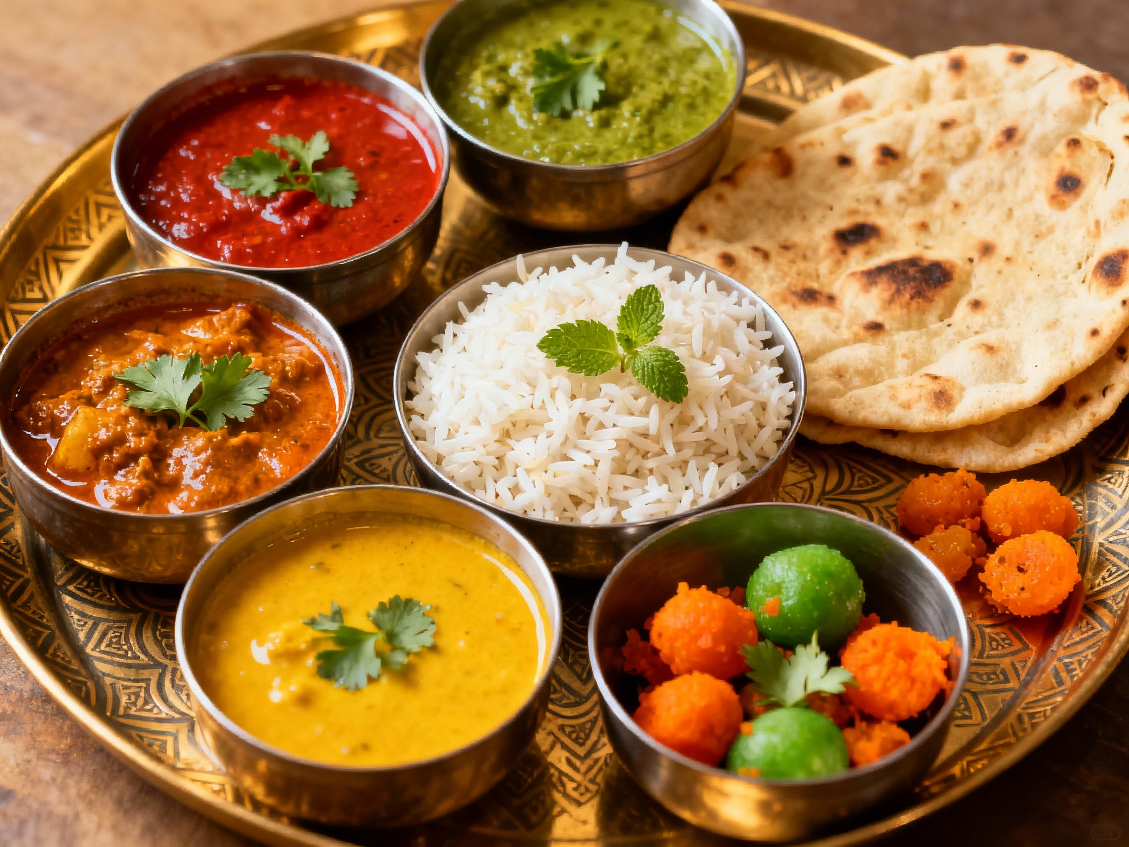 Thali indio con varios pequeños cuencos de curry, arroz, pan y encurtidos