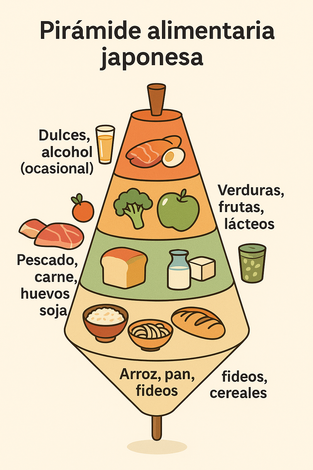 Pirámide o peonza alimentaria japonesa con base de cereales y nivel intermedio de proteína