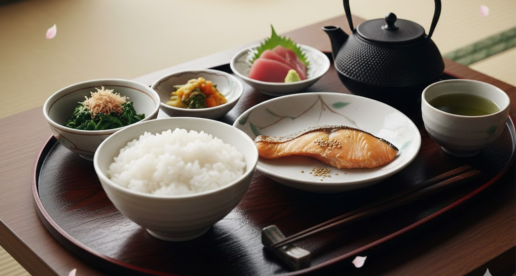 Plato típico de la dieta japonesa con arroz, pescado y verduras