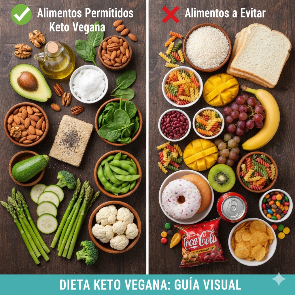 Ejemplo de platos keto veganos con aguacate, frutos secos y verduras bajas en carbohidratos
