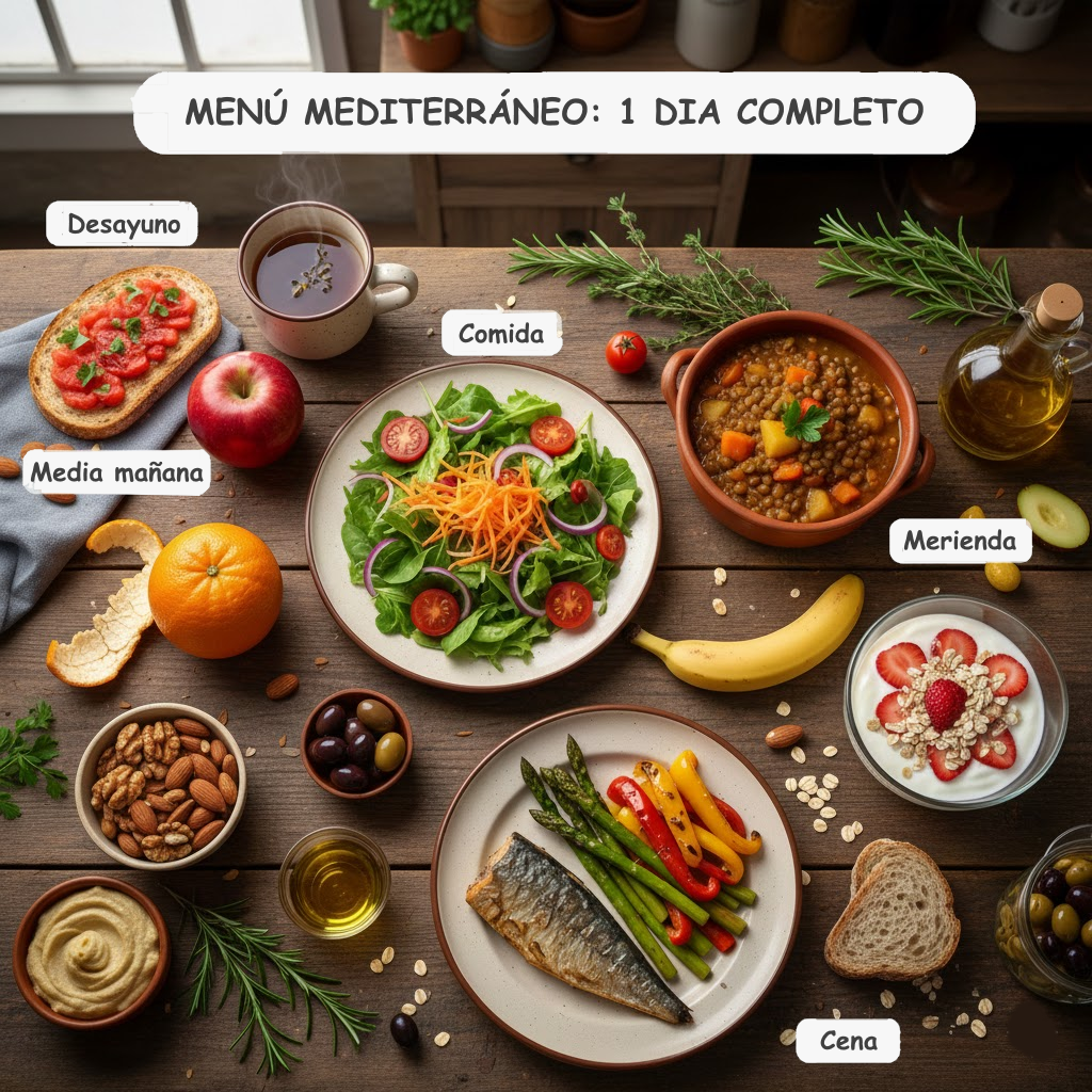 Ejemplo de menú diario de dieta mediterránea con pan integral, ensalada, legumbres y pescado
