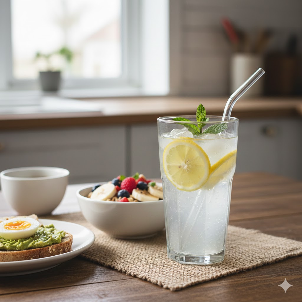 Agua con limón en el desayuno como complemento