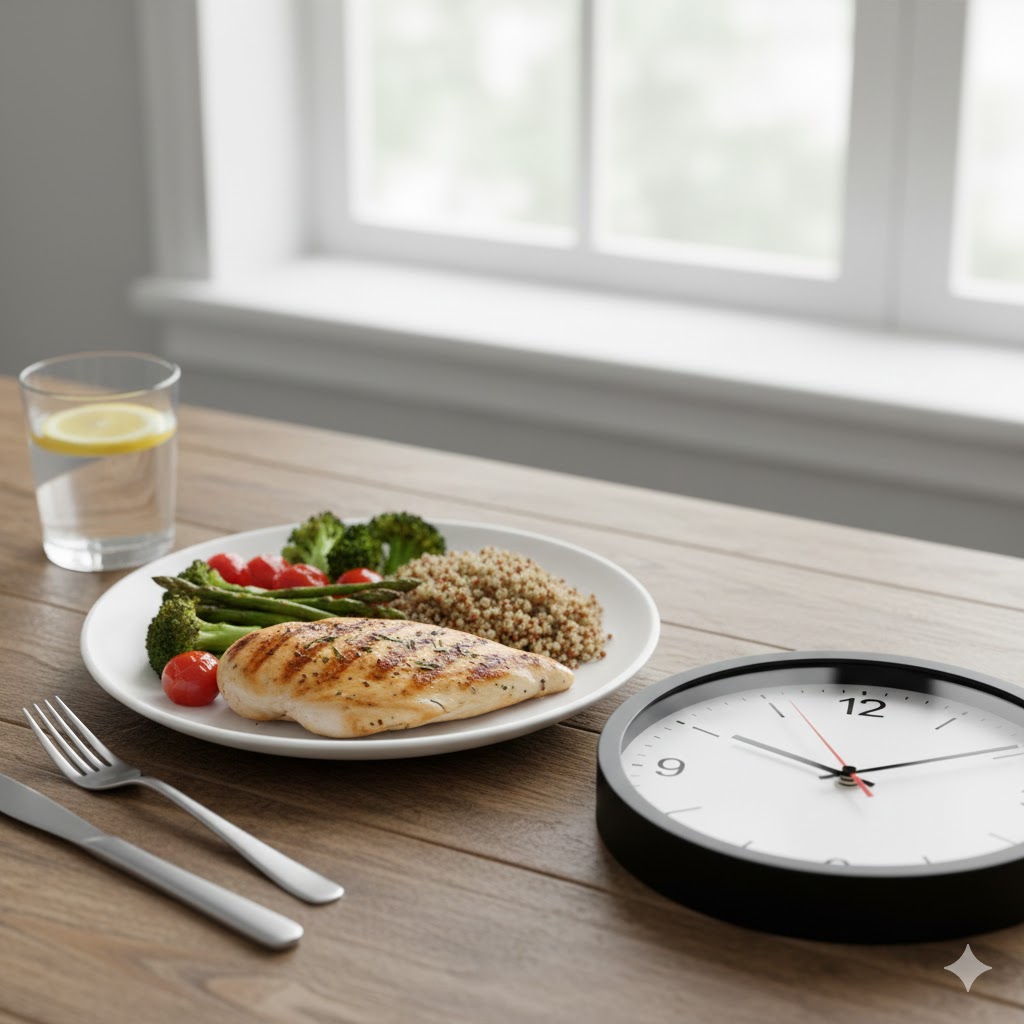 Plato saludable con verduras, proteínas y reloj a un lado simbolizando un ayuno moderado