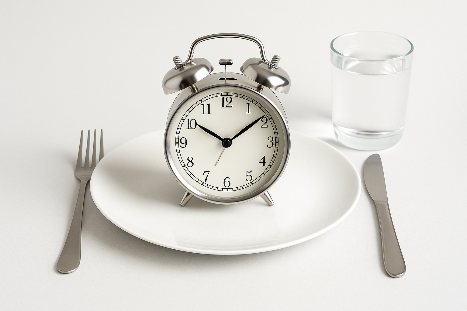 Reloj colocado sobre un plato vacío junto a un vaso de agua