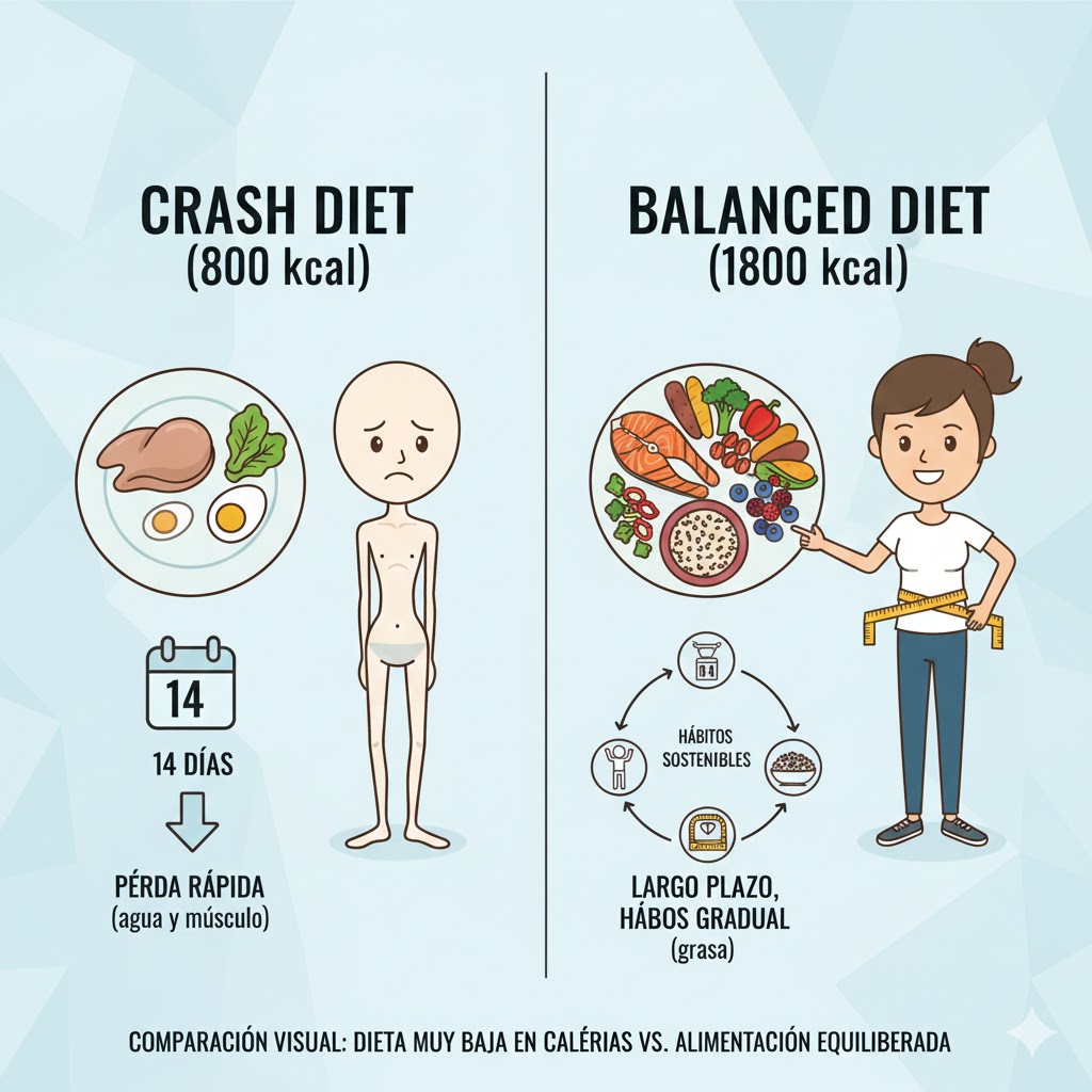 Comparación visual entre una dieta muy baja en calorías y una alimentación equilibrada