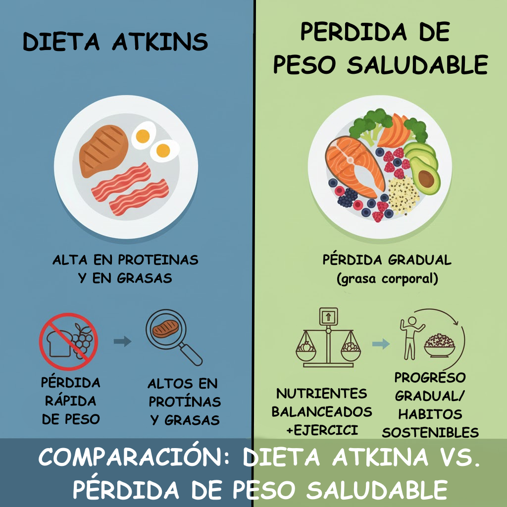 Comparación visual entre platos de dieta Atkins y comidas equilibradas con vegetales y cereales integrales