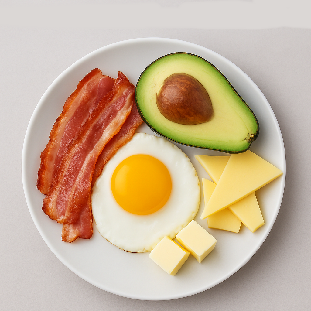 Comida típica de la dieta Atkins con carne, huevo, queso y vegetales bajos en carbohidratos