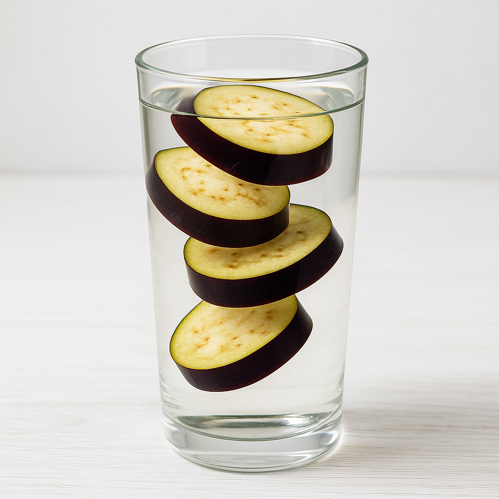 Vaso de agua con rodajas de berenjena en el interior