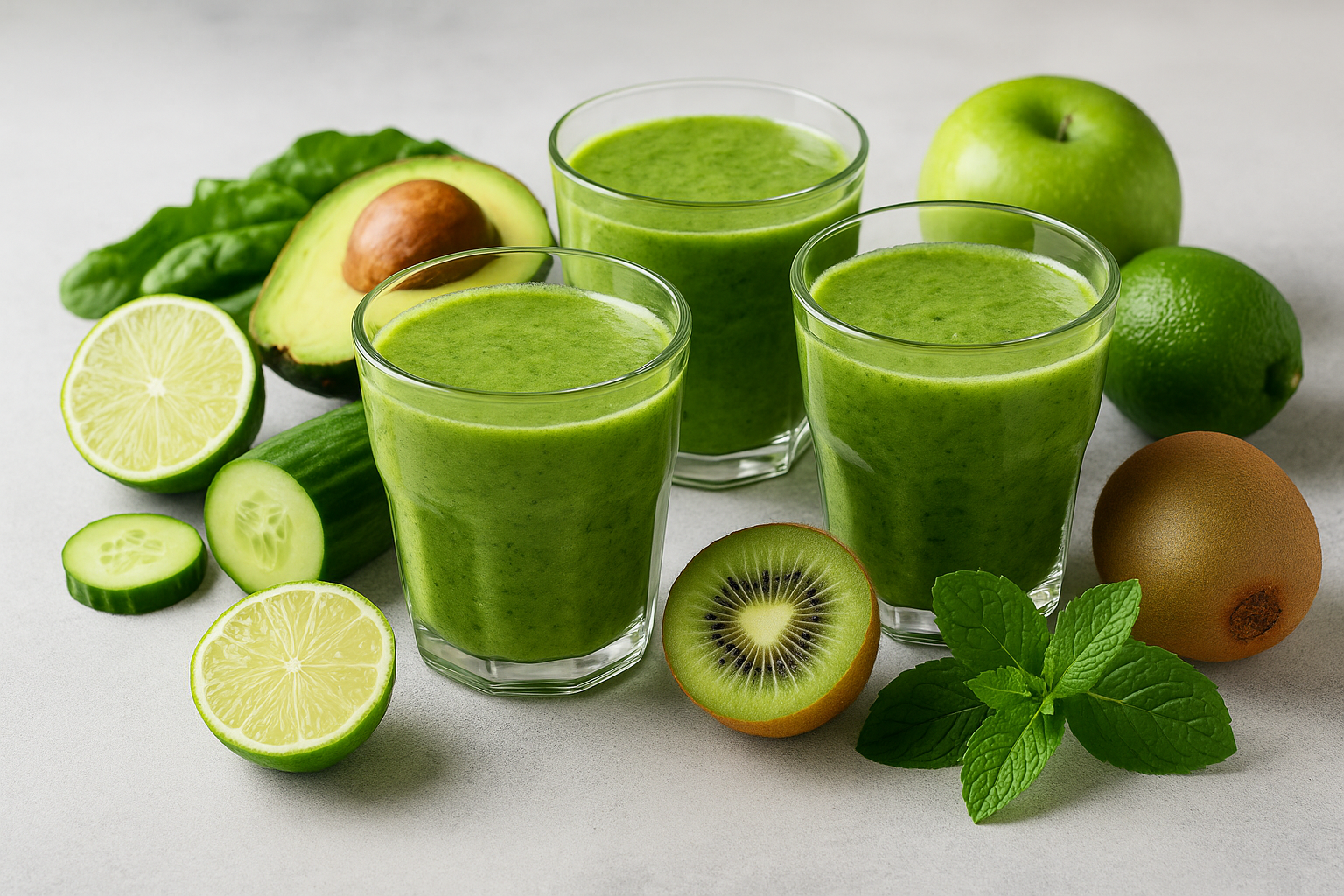 Vasos con batidos verdes detox y frutas alrededor