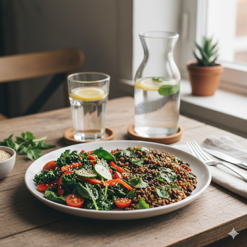 Plato saludable con verduras, legumbres y agua como alternativa a la dieta detox