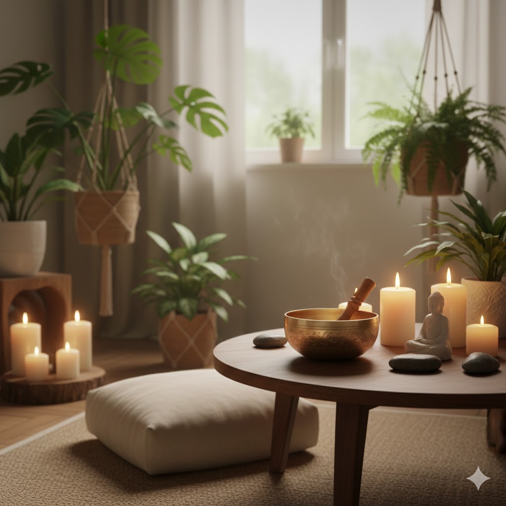 Ambiente relajante con velas, plantas y cuenco de meditación