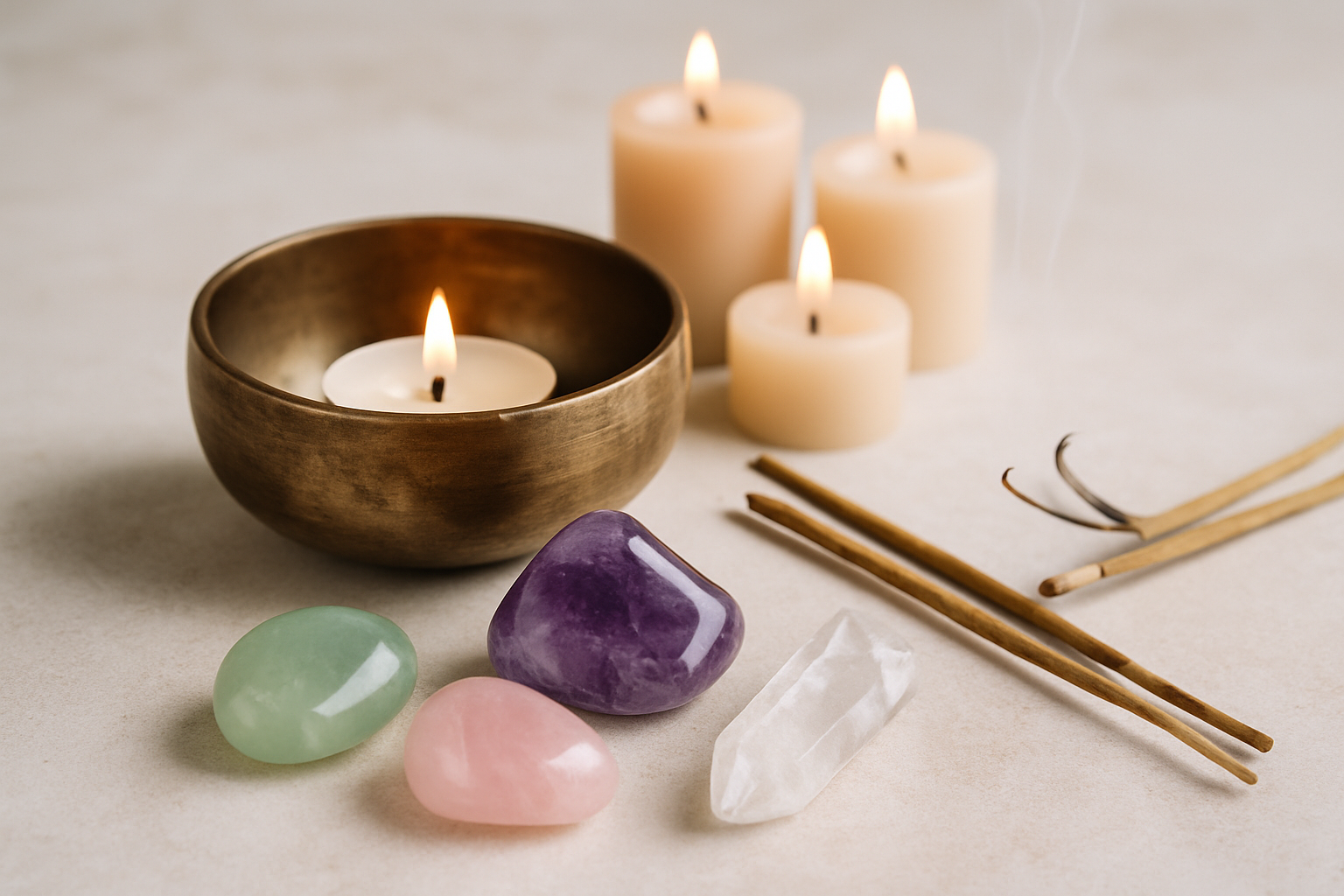 Velas, cuarzos e incienso colocados sobre una mesa con ambiente místico