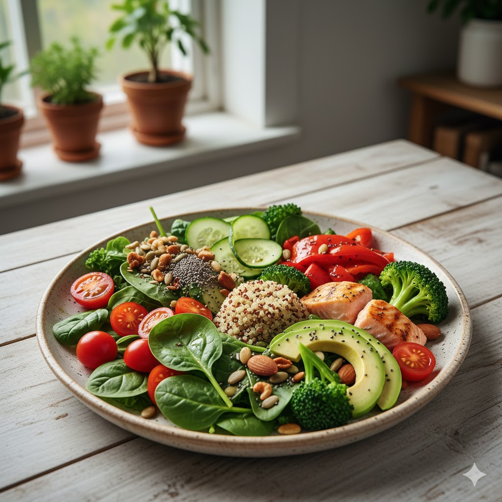 Plato con verduras frescas y alimentos saludables