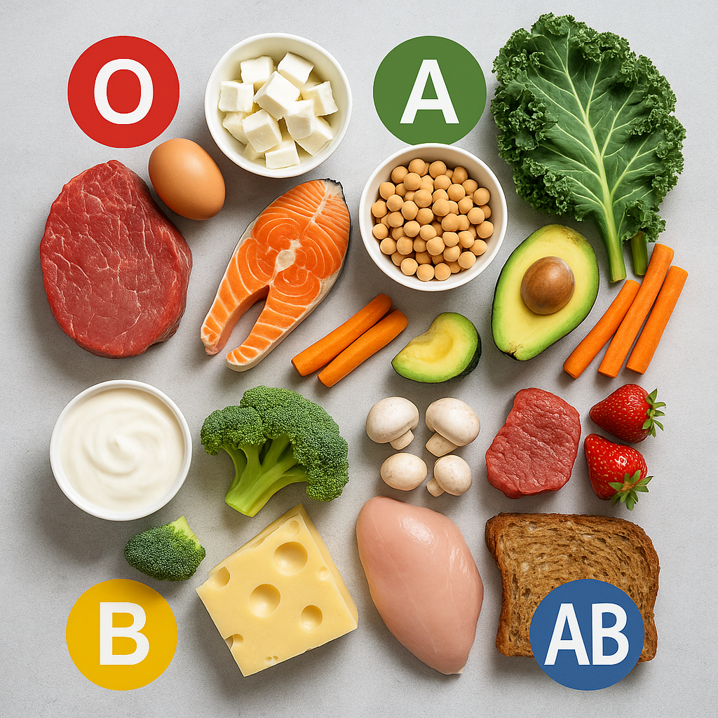 Alimentos variados organizados según grupo sanguíneo sobre una mesa