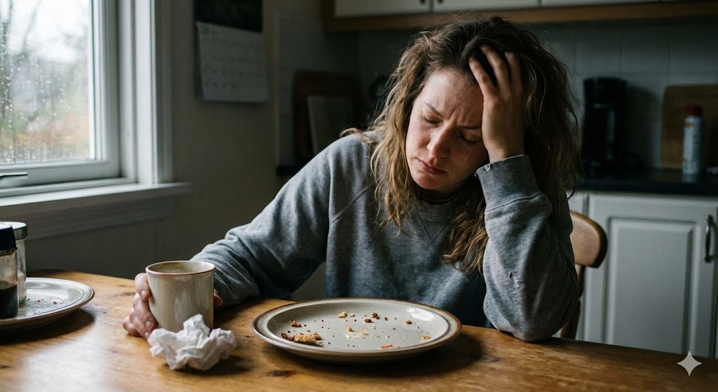 Persona con cansancio y dolor de cabeza sentada junto a un plato casi vacío