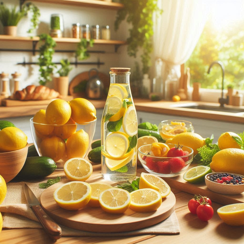 Vaso de agua con rodajas de limón sobre una mesa
