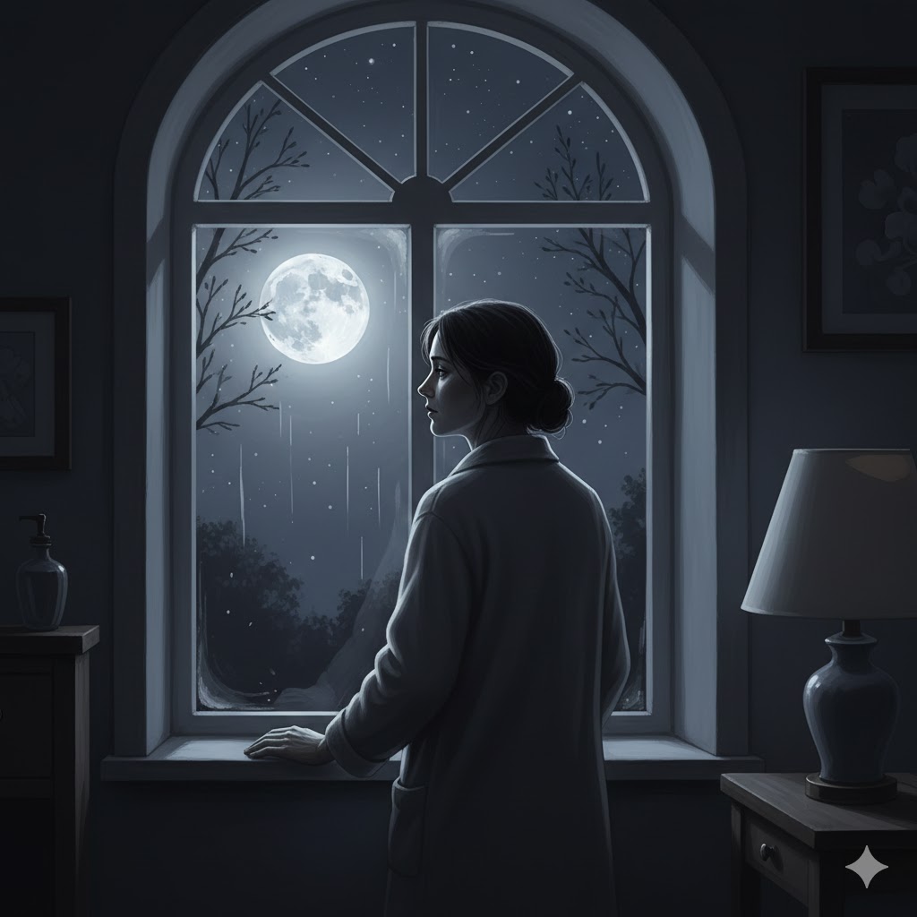 Persona cansada mirando la luna a través de una ventana
