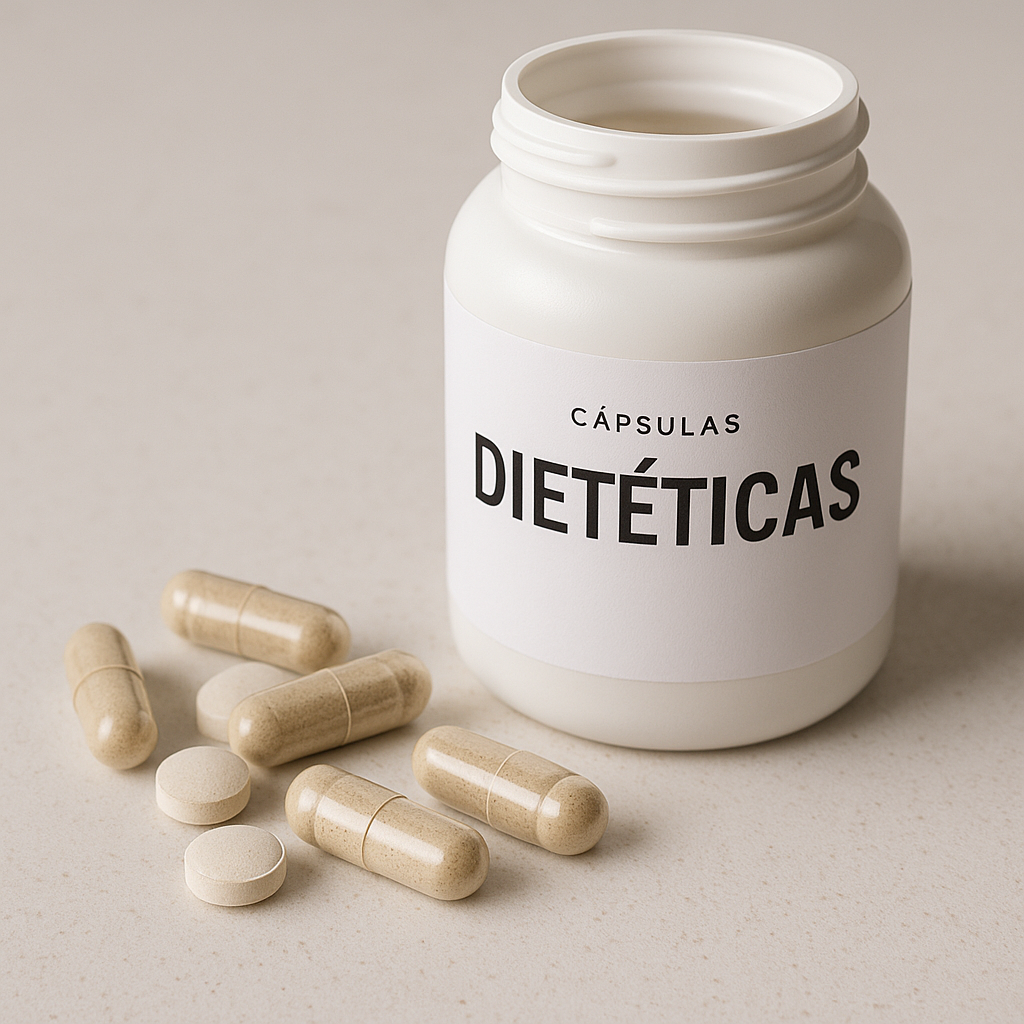 Bote de cápsulas dietéticas abierto junto a varias pastillas