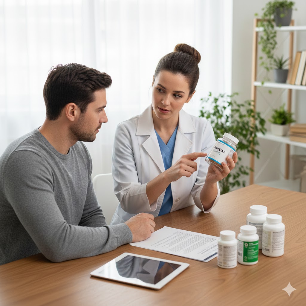 Profesional de la salud revisando suplementos junto a un paciente