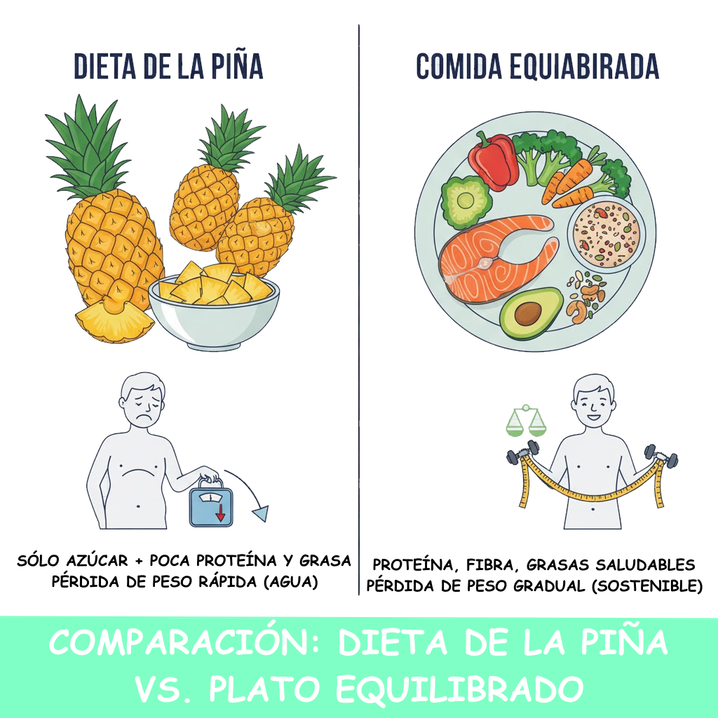 Comparación entre un día de dieta de la piña y un plato equilibrado con proteínas, verduras y carbohidratos complejos