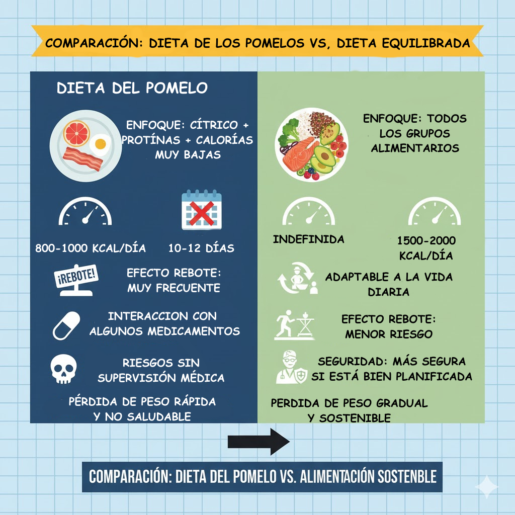 Infografía comparando la dieta del pomelo con una alimentación variada y equilibrada