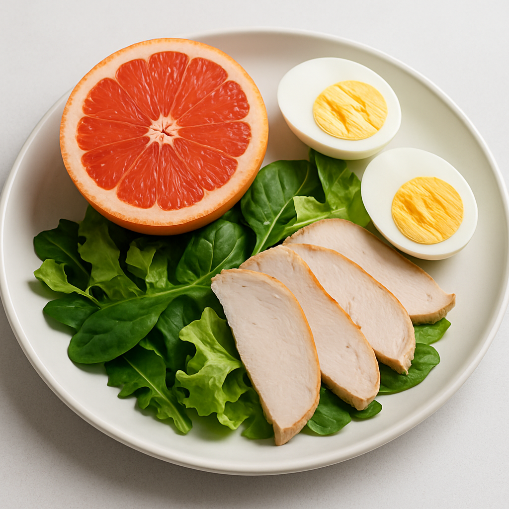 Plato típico de la dieta Scarsdale con proteínas magras y vegetales