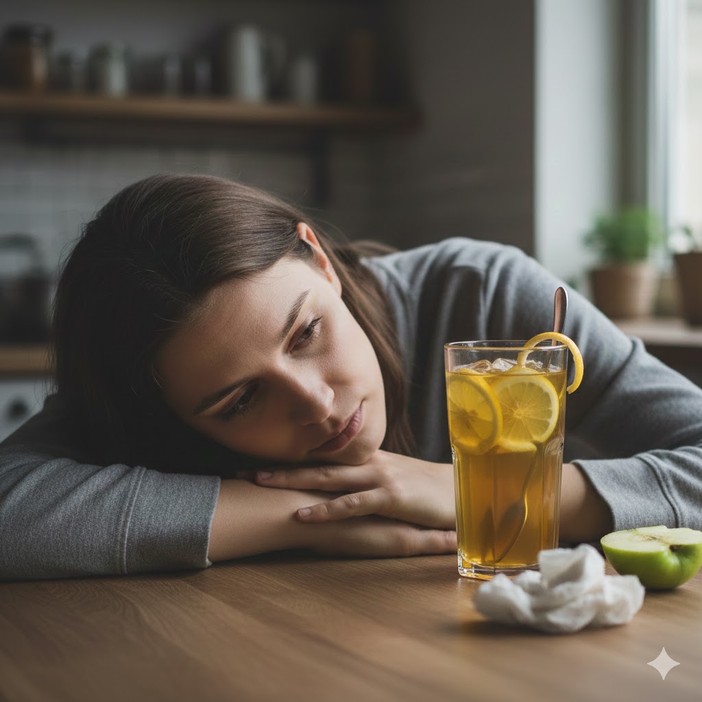 Persona cansada apoyada en una mesa junto a un vaso de bebida detox