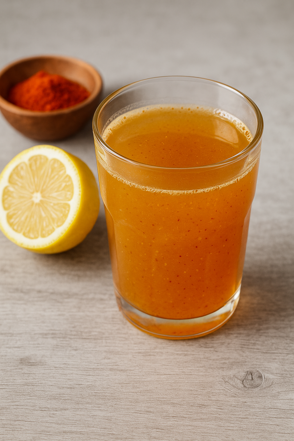 Vaso con la mezcla de sirope de arce, limón y cayena sobre la mesa