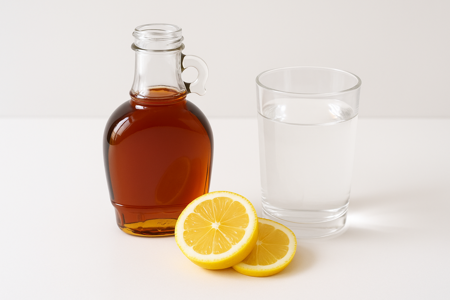 Vaso con mezcla de sirope de arce, limón y agua sobre fondo claro