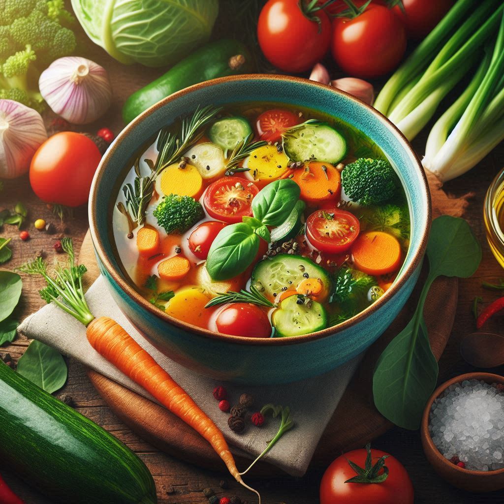 Plato de sopa de verduras quemagrasa con caldo ligero