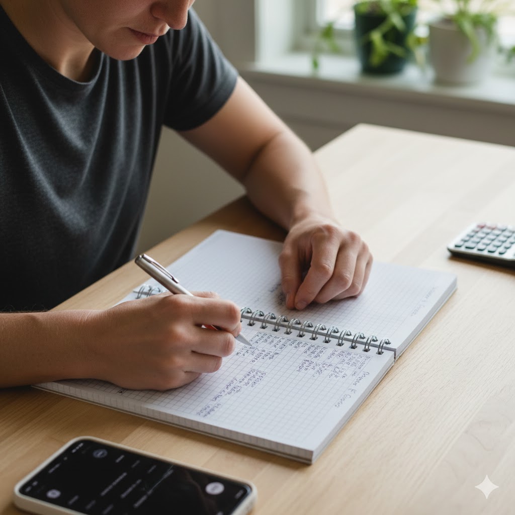 Persona calculando bloques de macronutrientes en una libreta