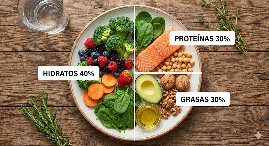 Plato saludable organizado en proporciones de hidratos, proteínas y grasas al estilo dieta de la zona