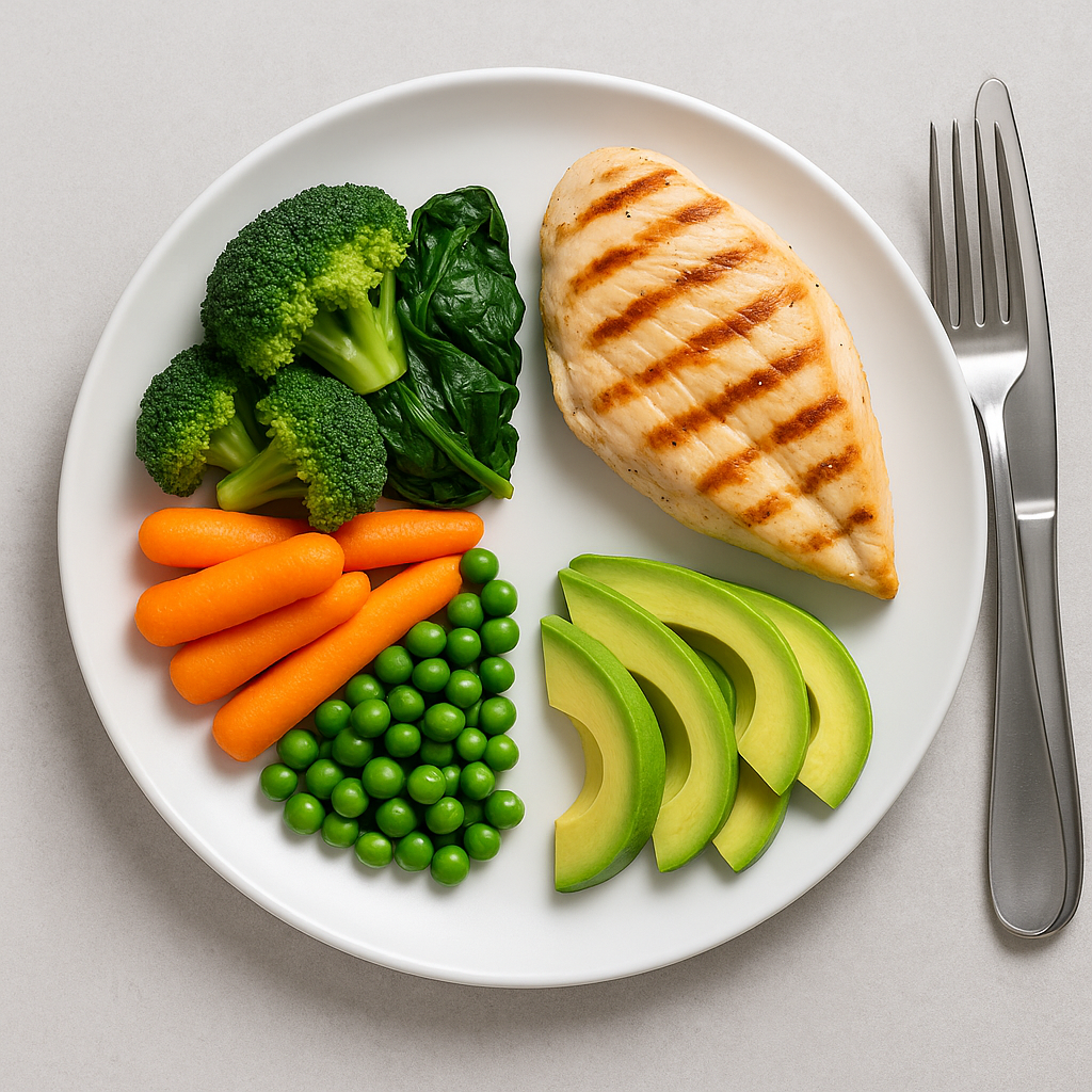 Plato dividido en bloques de hidratos, proteínas y grasas siguiendo el método 40-30-30