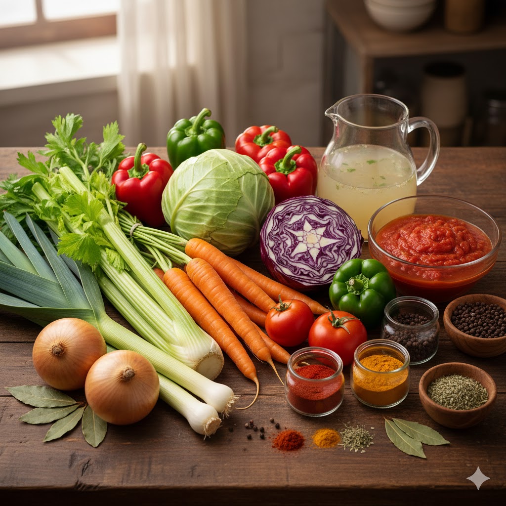 Ingredientes típicos de la sopa quemagrasa como repollo, zanahoria, apio y pimiento