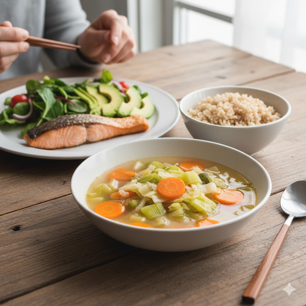 Sopa de verduras servida como parte de un menú equilibrado
