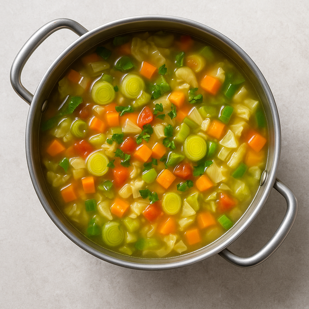 Olla con sopa de verduras ligera preparada para la dieta