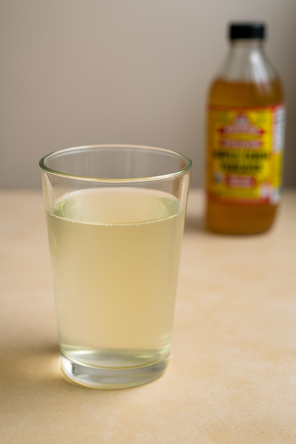 Vaso de agua con vinagre de manzana diluido listo para beber