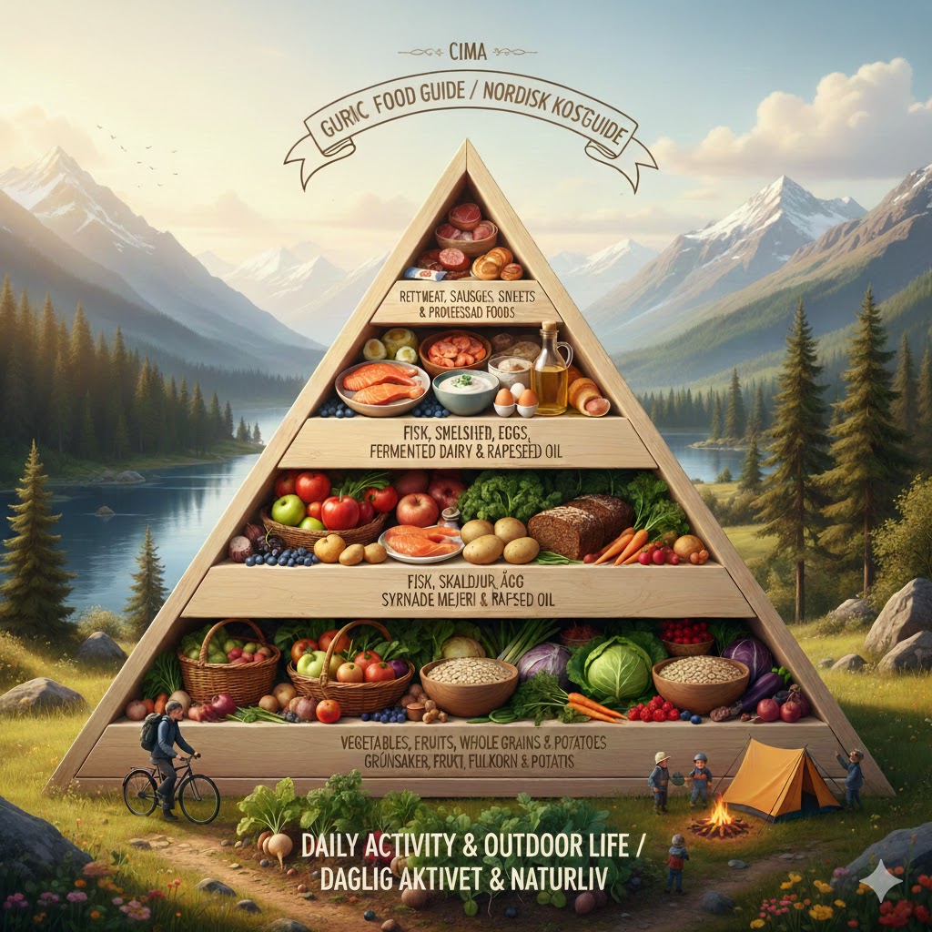 Pirámide alimentaria nórdica con base vegetal y pescados en el nivel intermedio